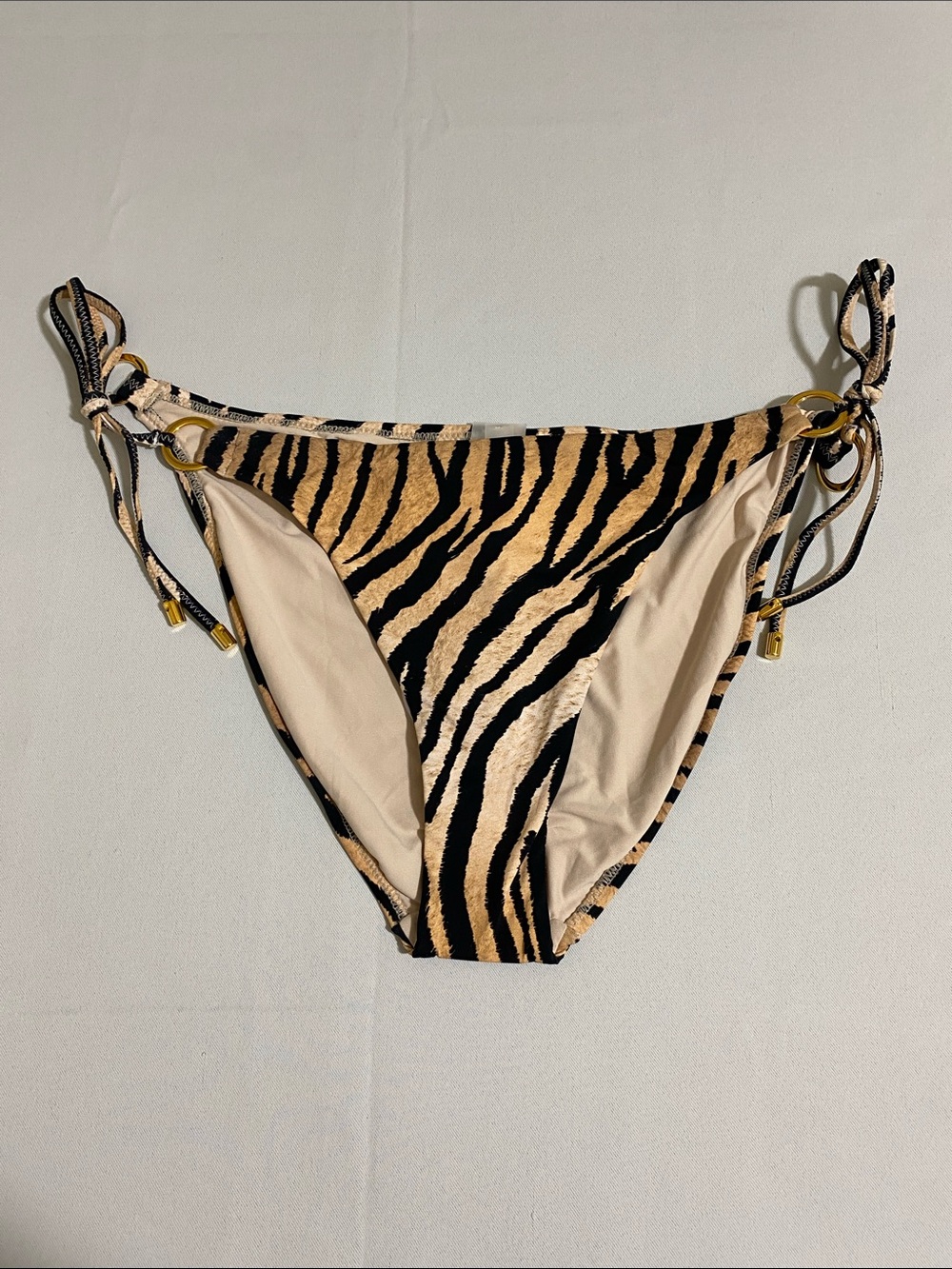 PILYQ Cleo Link Side Tie Full Bikini Bottom w Tiger Stripes Size L